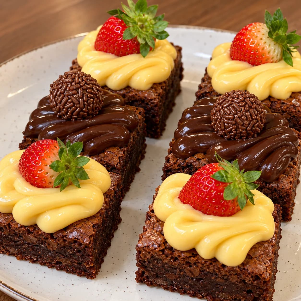 Brownies com coberturas e morangos